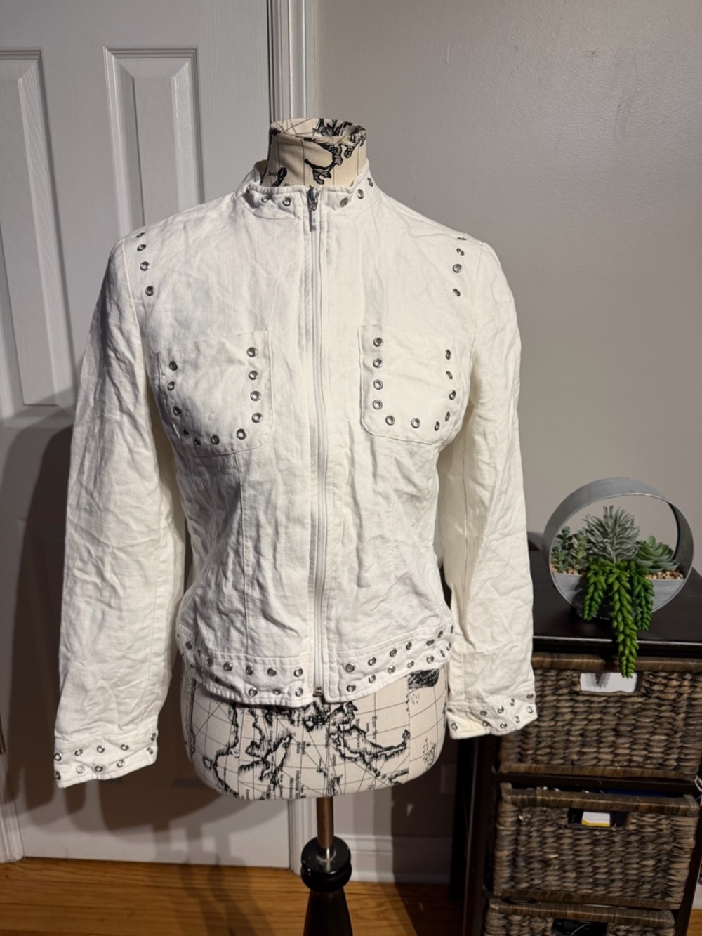 Kenar Linen Vintage Grommets Studded Full Zip Blazer Jacket White 8 moto rocker